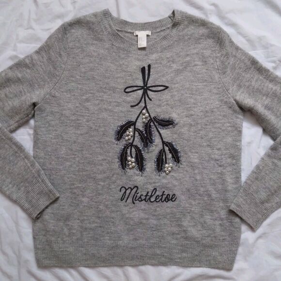 H&M Mistletoe Sweater Beaded Embroidered Holiday Christmas Womens Size Medium - Picture 2 of 10